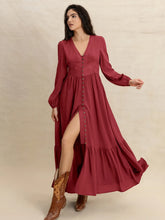 V-Neck Balloon Sleeve Ruffled Hem Maxi Dress OutfitFlow